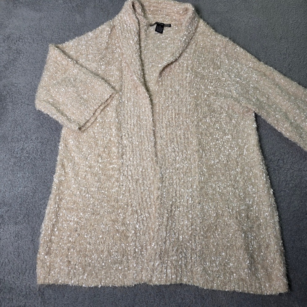 Lauren Michelle Woman 1X Cardigan Beige Open Front Eyelash Knit 3/4 Sleeve - Picture 1 of 7